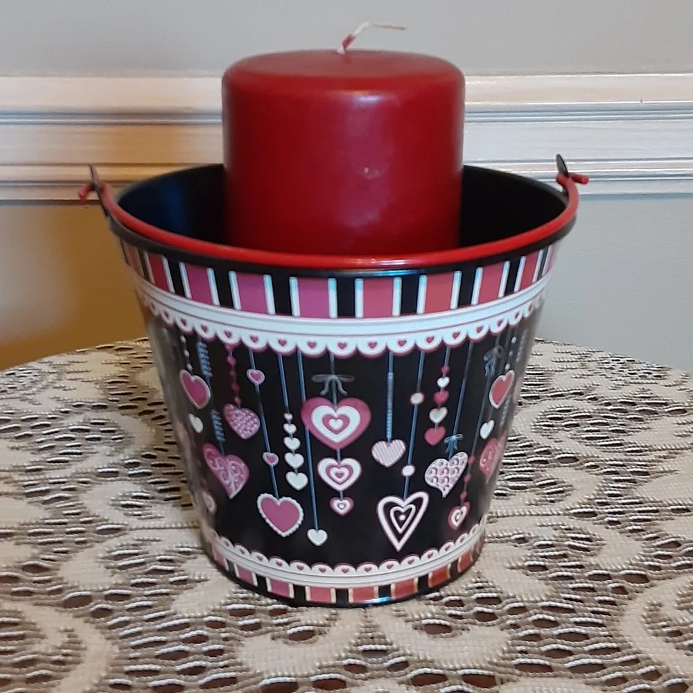 Heart Tin Bucket with Red Pillar Candle